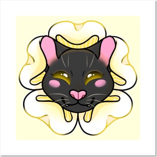Black Cat with Yellow Flower Posters and Art